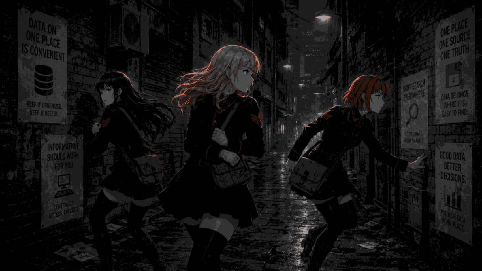 Darkpost Girls sneaking through alleyway with bags of post, avoiding cameras, representing internet surveilance.