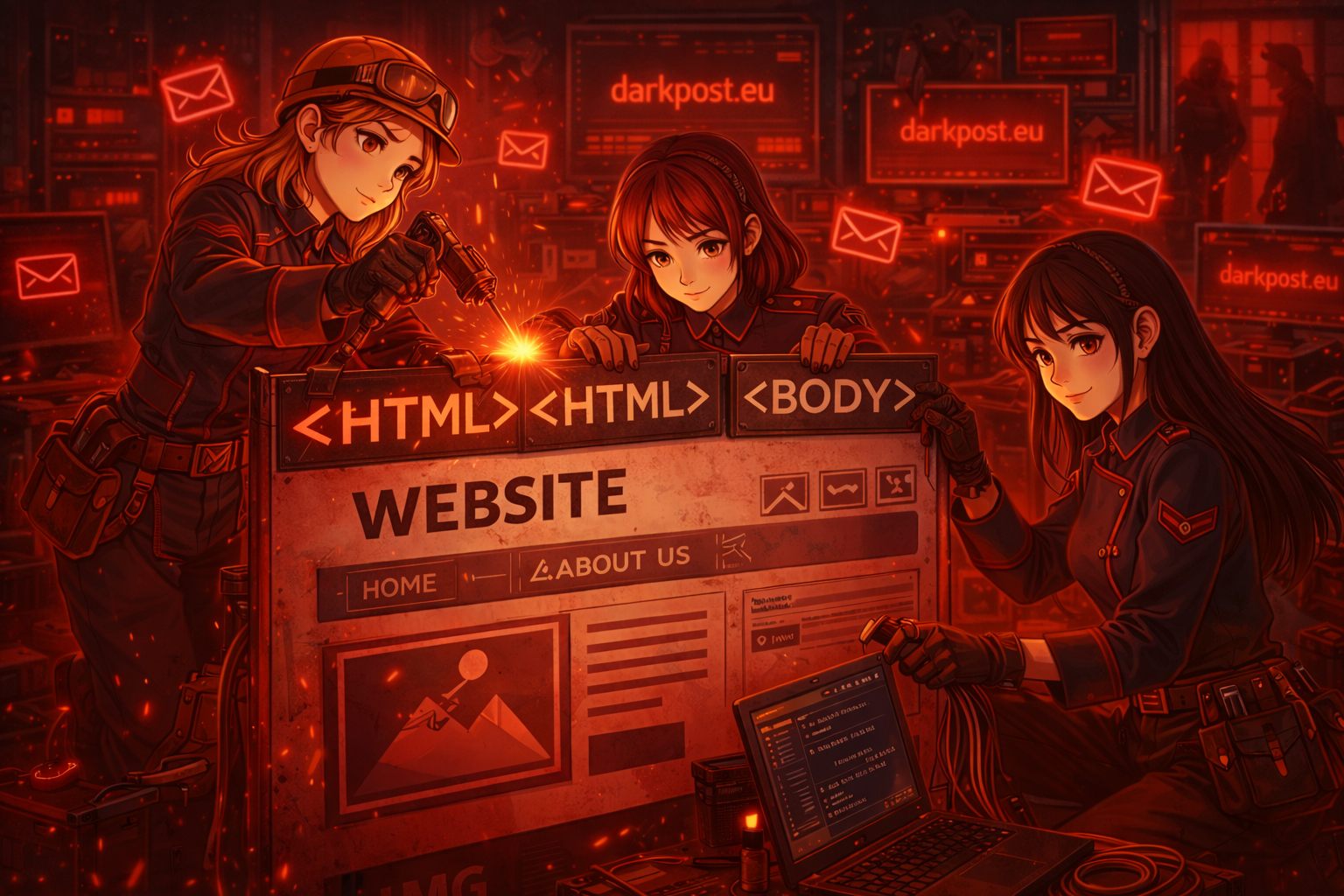 Darkpost girls working on website, doing construction in red hued command center.