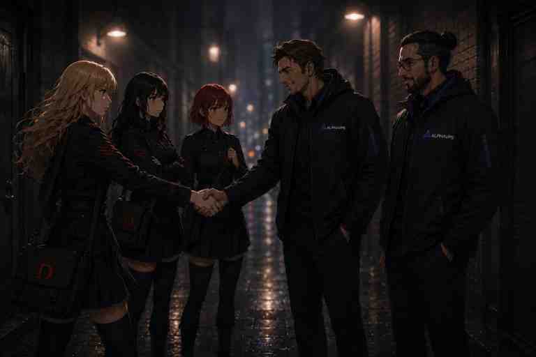 Darkpost girls shaking hands with AlphaVPS guys.